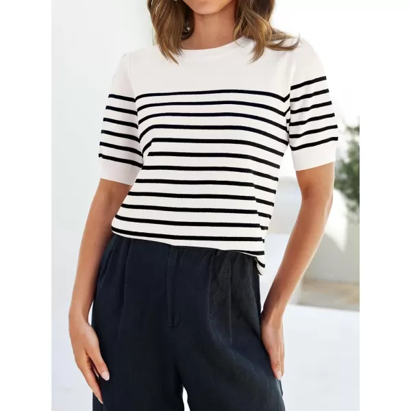 imageZESICA Womens Casual Striped Tops Short Sleeve Crew Neck Ribbed Knit T Shirts Comfy Loose Basic Pullover SweaterWhite