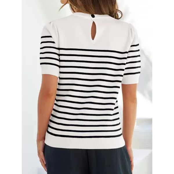 imageZESICA Womens Casual Striped Tops Short Sleeve Crew Neck Ribbed Knit T Shirts Comfy Loose Basic Pullover SweaterWhite