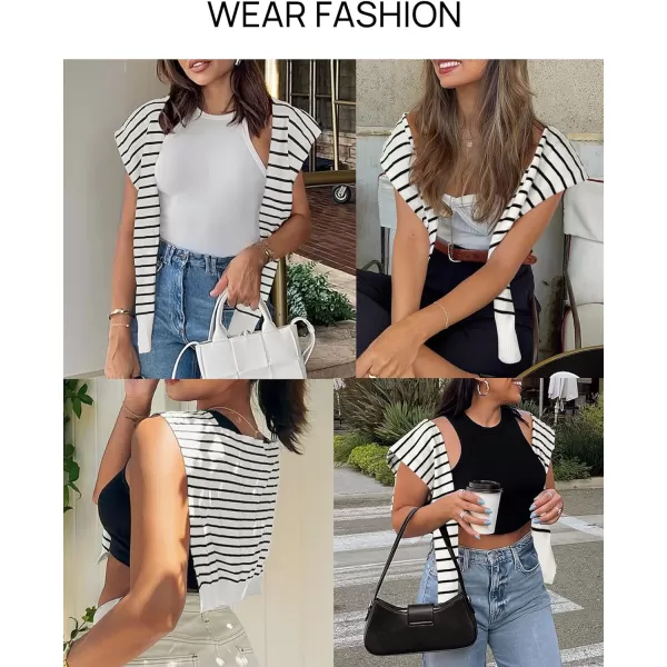 imageZESICA Womens Casual Sweater Shawl Wraps Striped Knitted Knotted Shawls Travel Scarf Wrap Cape Fashion Shoulder TopsWhite