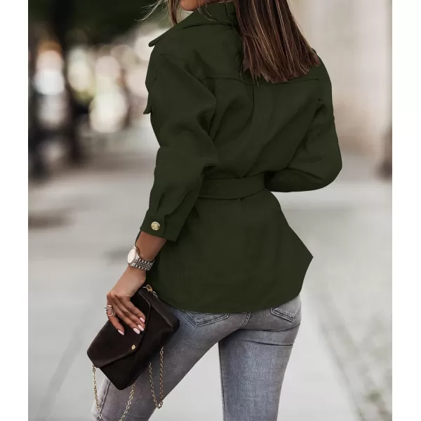 imageZESICA Womens Casual Trench Coat Long Sleeve Lapel Button Down Belted Jacket Outerwear Peacoat with PocketsArmygreen