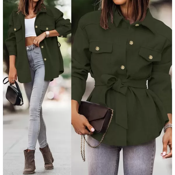 imageZESICA Womens Casual Trench Coat Long Sleeve Lapel Button Down Belted Jacket Outerwear Peacoat with PocketsArmygreen