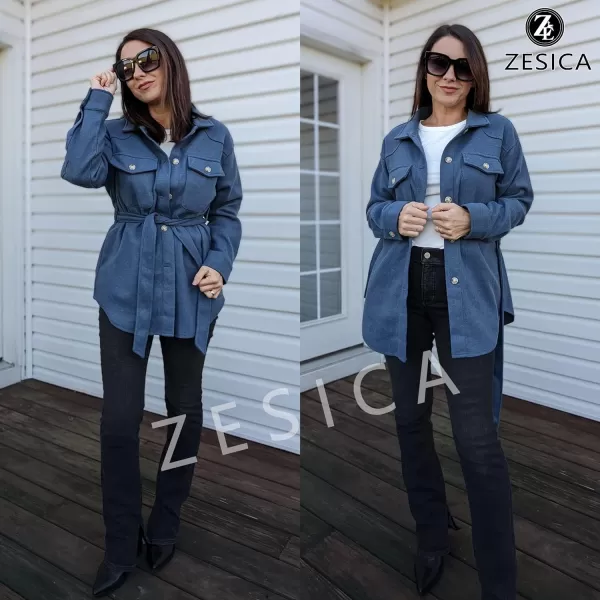 imageZESICA Womens Casual Trench Coat Long Sleeve Lapel Button Down Belted Jacket Outerwear Peacoat with PocketsBlue