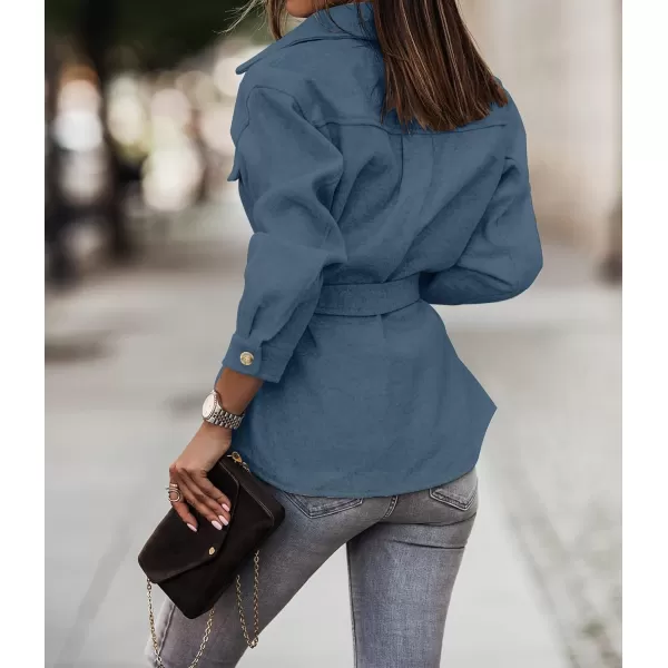 imageZESICA Womens Casual Trench Coat Long Sleeve Lapel Button Down Belted Jacket Outerwear Peacoat with PocketsBlue