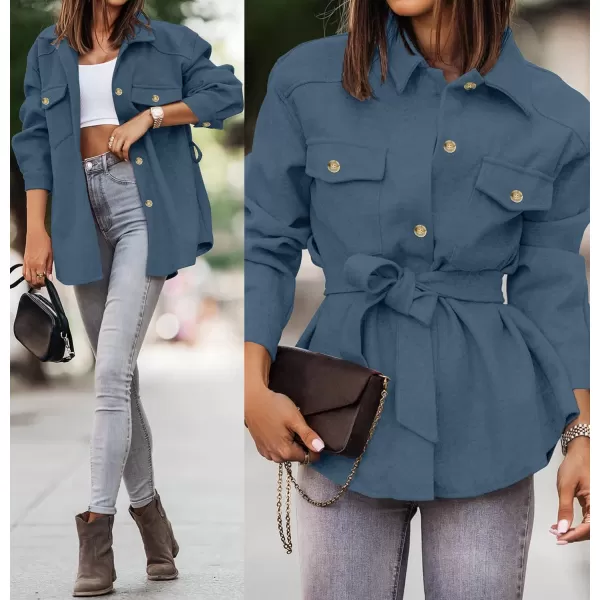 imageZESICA Womens Casual Trench Coat Long Sleeve Lapel Button Down Belted Jacket Outerwear Peacoat with PocketsBlue