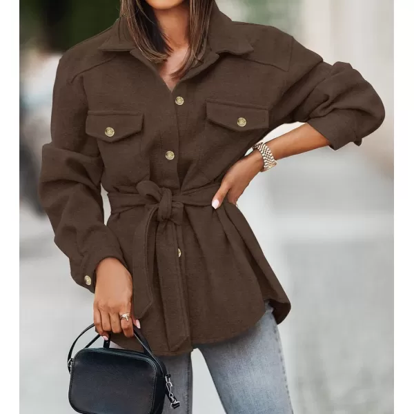 imageZESICA Womens Casual Trench Coat Long Sleeve Lapel Button Down Belted Jacket Outerwear Peacoat with PocketsCoffee