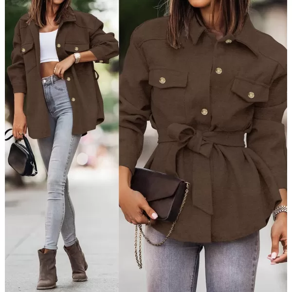 imageZESICA Womens Casual Trench Coat Long Sleeve Lapel Button Down Belted Jacket Outerwear Peacoat with PocketsCoffee