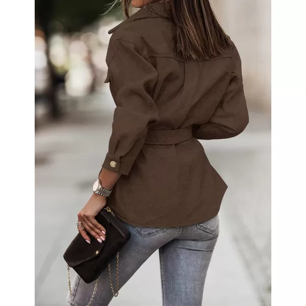 imageZESICA Womens Casual Trench Coat Long Sleeve Lapel Button Down Belted Jacket Outerwear Peacoat with PocketsCoffee