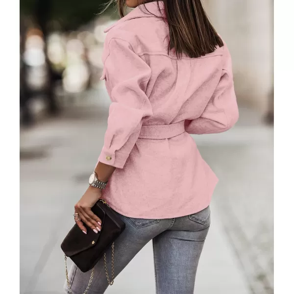 imageZESICA Womens Casual Trench Coat Long Sleeve Lapel Button Down Belted Jacket Outerwear Peacoat with PocketsPink