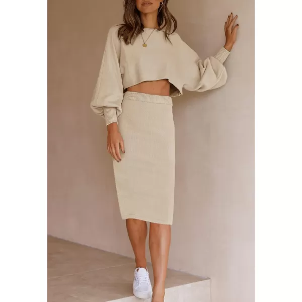 imageZESICA Womens Casual Two Piece Outfits Long Sleeve Ribbed Knit Top and Bodycon Midi Skirt Oversized Pullover Sweater SetsApricot