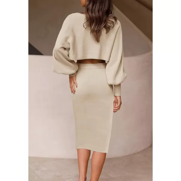 imageZESICA Womens Casual Two Piece Outfits Long Sleeve Ribbed Knit Top and Bodycon Midi Skirt Oversized Pullover Sweater SetsApricot