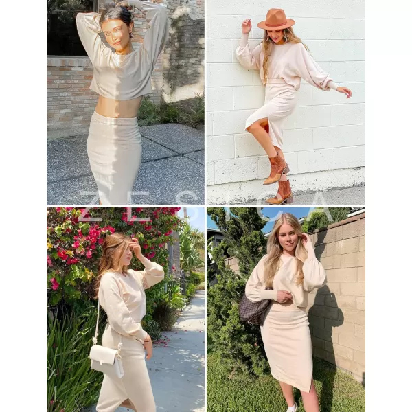 imageZESICA Womens Casual Two Piece Outfits Long Sleeve Ribbed Knit Top and Bodycon Midi Skirt Oversized Pullover Sweater SetsApricot
