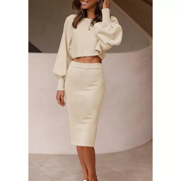 imageZESICA Womens Casual Two Piece Outfits Long Sleeve Ribbed Knit Top and Bodycon Midi Skirt Oversized Pullover Sweater SetsApricot