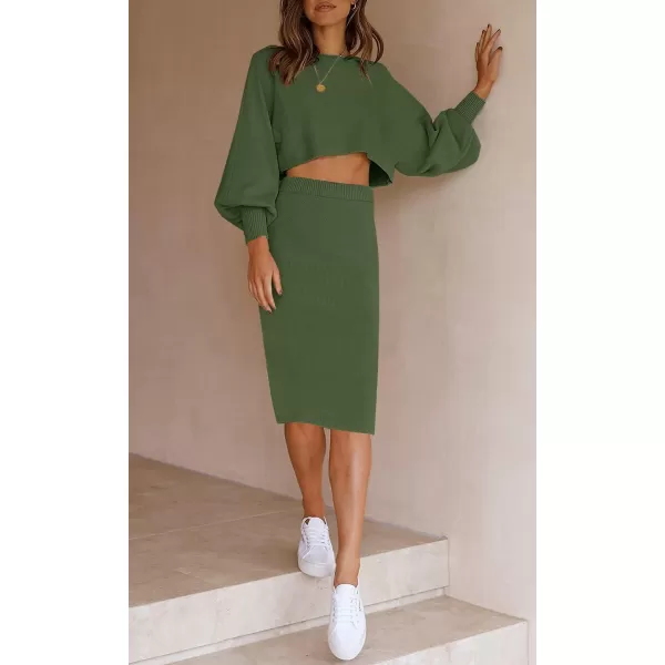 imageZESICA Womens Casual Two Piece Outfits Long Sleeve Ribbed Knit Top and Bodycon Midi Skirt Oversized Pullover Sweater SetsArmygreen