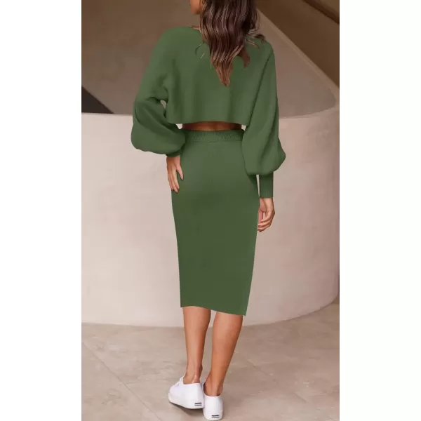 imageZESICA Womens Casual Two Piece Outfits Long Sleeve Ribbed Knit Top and Bodycon Midi Skirt Oversized Pullover Sweater SetsArmygreen