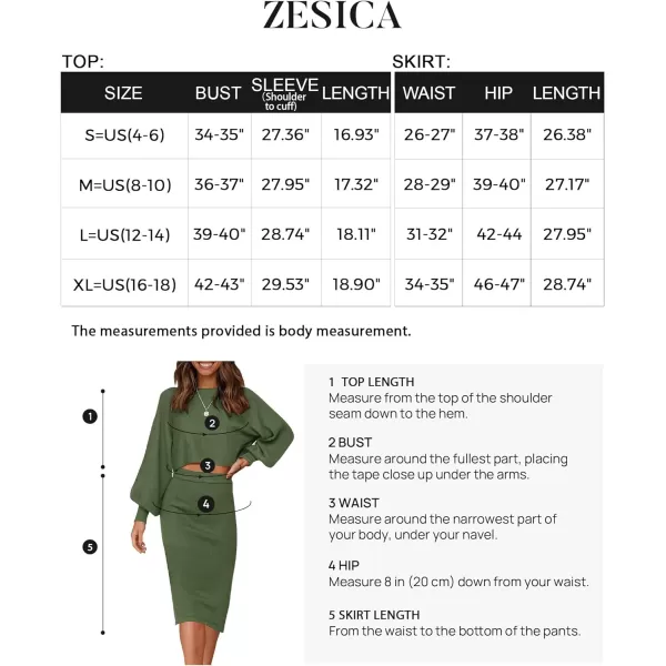 imageZESICA Womens Casual Two Piece Outfits Long Sleeve Ribbed Knit Top and Bodycon Midi Skirt Oversized Pullover Sweater SetsArmygreen