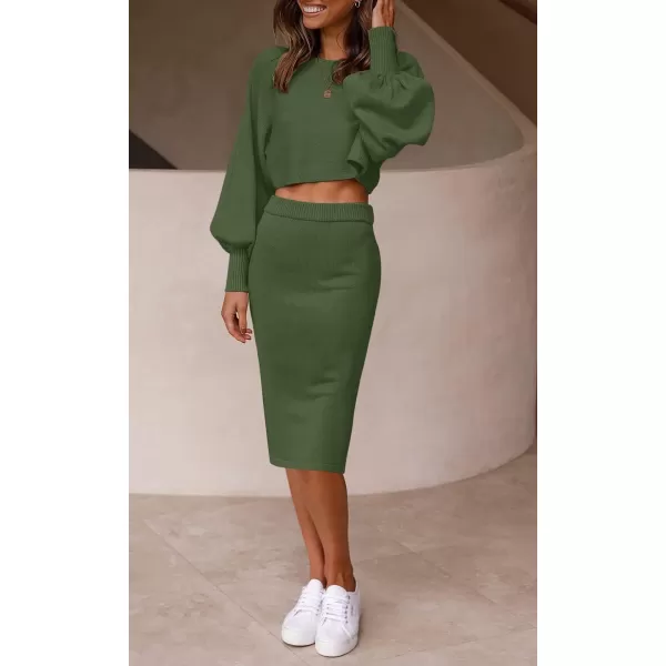 imageZESICA Womens Casual Two Piece Outfits Long Sleeve Ribbed Knit Top and Bodycon Midi Skirt Oversized Pullover Sweater SetsArmygreen