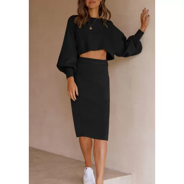imageZESICA Womens Casual Two Piece Outfits Long Sleeve Ribbed Knit Top and Bodycon Midi Skirt Oversized Pullover Sweater SetsBlack