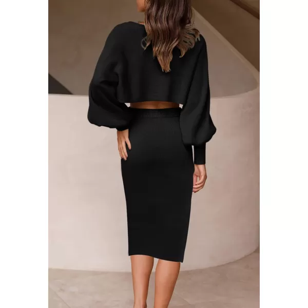 imageZESICA Womens Casual Two Piece Outfits Long Sleeve Ribbed Knit Top and Bodycon Midi Skirt Oversized Pullover Sweater SetsBlack