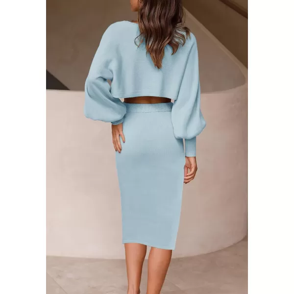 imageZESICA Womens Casual Two Piece Outfits Long Sleeve Ribbed Knit Top and Bodycon Midi Skirt Oversized Pullover Sweater SetsBlue