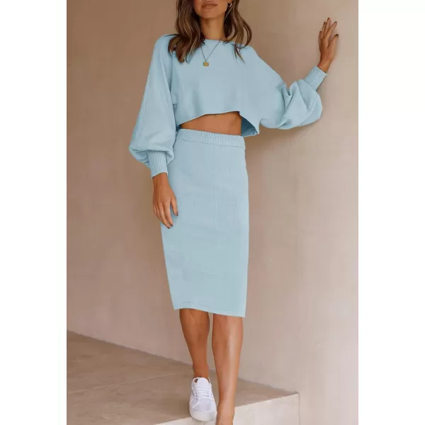 imageZESICA Womens Casual Two Piece Outfits Long Sleeve Ribbed Knit Top and Bodycon Midi Skirt Oversized Pullover Sweater SetsBlue