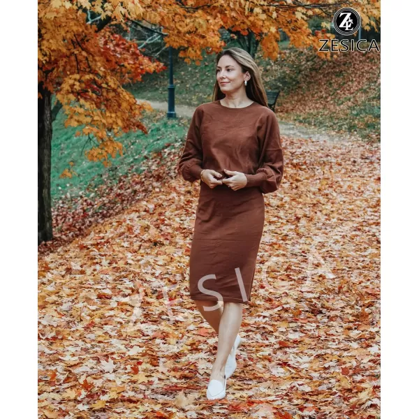 imageZESICA Womens Casual Two Piece Outfits Long Sleeve Ribbed Knit Top and Bodycon Midi Skirt Oversized Pullover Sweater SetsBrown