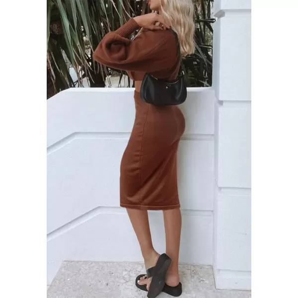 imageZESICA Womens Casual Two Piece Outfits Long Sleeve Ribbed Knit Top and Bodycon Midi Skirt Oversized Pullover Sweater SetsBrown