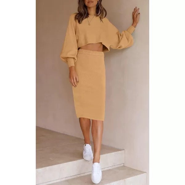 imageZESICA Womens Casual Two Piece Outfits Long Sleeve Ribbed Knit Top and Bodycon Midi Skirt Oversized Pullover Sweater SetsCamel