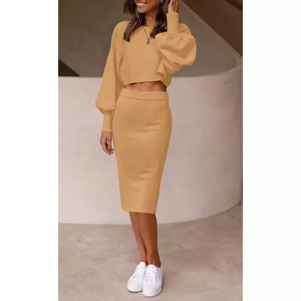 imageZESICA Womens Casual Two Piece Outfits Long Sleeve Ribbed Knit Top and Bodycon Midi Skirt Oversized Pullover Sweater SetsCamel