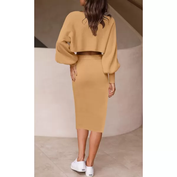 imageZESICA Womens Casual Two Piece Outfits Long Sleeve Ribbed Knit Top and Bodycon Midi Skirt Oversized Pullover Sweater SetsCamel