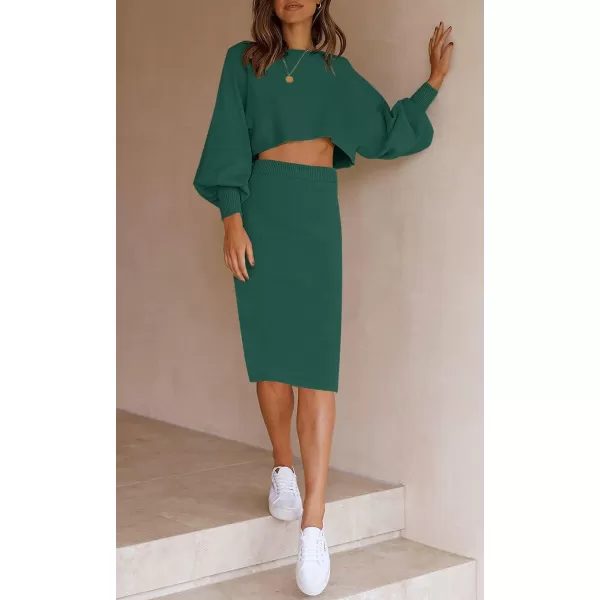 imageZESICA Womens Casual Two Piece Outfits Long Sleeve Ribbed Knit Top and Bodycon Midi Skirt Oversized Pullover Sweater SetsDarkgreen