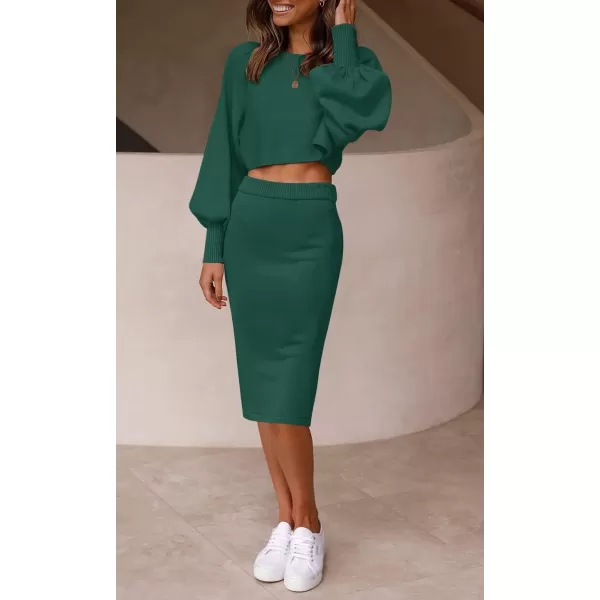 imageZESICA Womens Casual Two Piece Outfits Long Sleeve Ribbed Knit Top and Bodycon Midi Skirt Oversized Pullover Sweater SetsDarkgreen