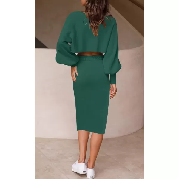 imageZESICA Womens Casual Two Piece Outfits Long Sleeve Ribbed Knit Top and Bodycon Midi Skirt Oversized Pullover Sweater SetsDarkgreen