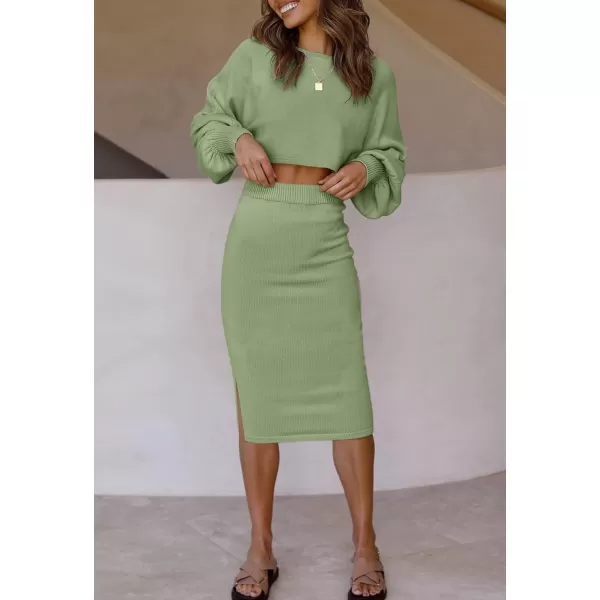 imageZESICA Womens Casual Two Piece Outfits Long Sleeve Ribbed Knit Top and Bodycon Midi Skirt Oversized Pullover Sweater SetsGreen
