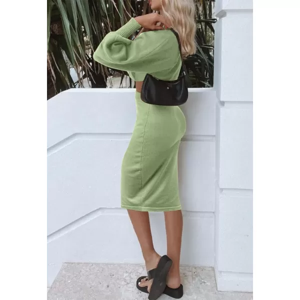 imageZESICA Womens Casual Two Piece Outfits Long Sleeve Ribbed Knit Top and Bodycon Midi Skirt Oversized Pullover Sweater SetsGreen