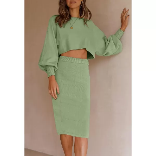 imageZESICA Womens Casual Two Piece Outfits Long Sleeve Ribbed Knit Top and Bodycon Midi Skirt Oversized Pullover Sweater SetsGreen