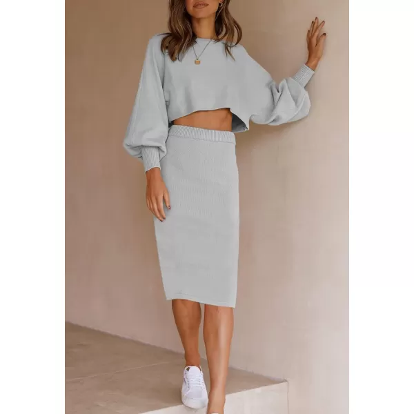 imageZESICA Womens Casual Two Piece Outfits Long Sleeve Ribbed Knit Top and Bodycon Midi Skirt Oversized Pullover Sweater SetsGrey