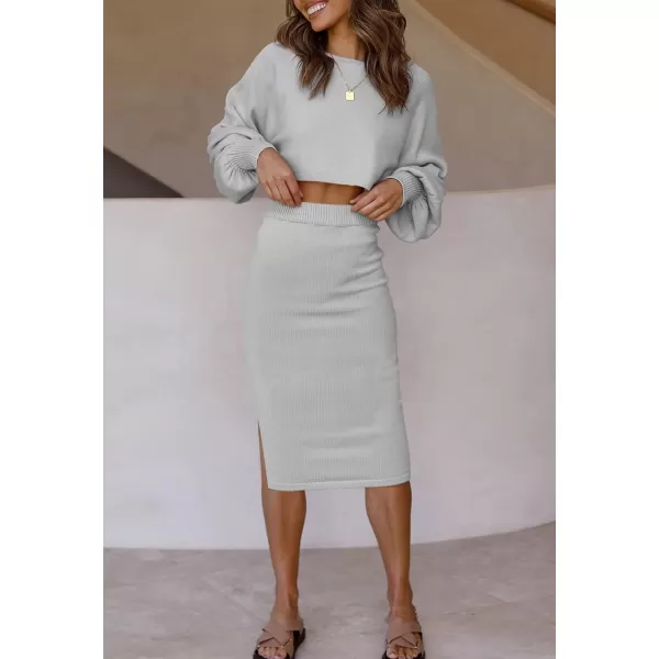 imageZESICA Womens Casual Two Piece Outfits Long Sleeve Ribbed Knit Top and Bodycon Midi Skirt Oversized Pullover Sweater SetsGrey