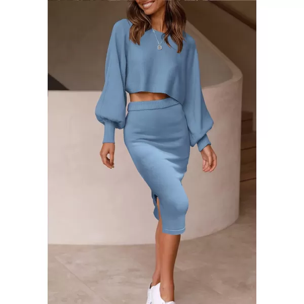 imageZESICA Womens Casual Two Piece Outfits Long Sleeve Ribbed Knit Top and Bodycon Midi Skirt Oversized Pullover Sweater SetsMidnightblue