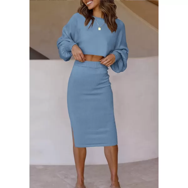 imageZESICA Womens Casual Two Piece Outfits Long Sleeve Ribbed Knit Top and Bodycon Midi Skirt Oversized Pullover Sweater SetsMidnightblue