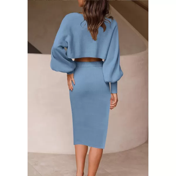 imageZESICA Womens Casual Two Piece Outfits Long Sleeve Ribbed Knit Top and Bodycon Midi Skirt Oversized Pullover Sweater SetsMidnightblue