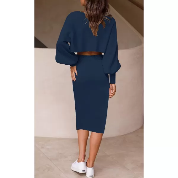 imageZESICA Womens Casual Two Piece Outfits Long Sleeve Ribbed Knit Top and Bodycon Midi Skirt Oversized Pullover Sweater SetsNavy