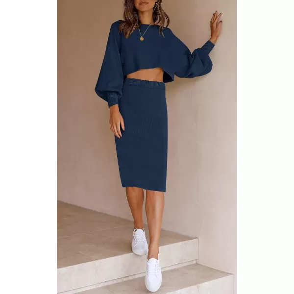 imageZESICA Womens Casual Two Piece Outfits Long Sleeve Ribbed Knit Top and Bodycon Midi Skirt Oversized Pullover Sweater SetsNavy