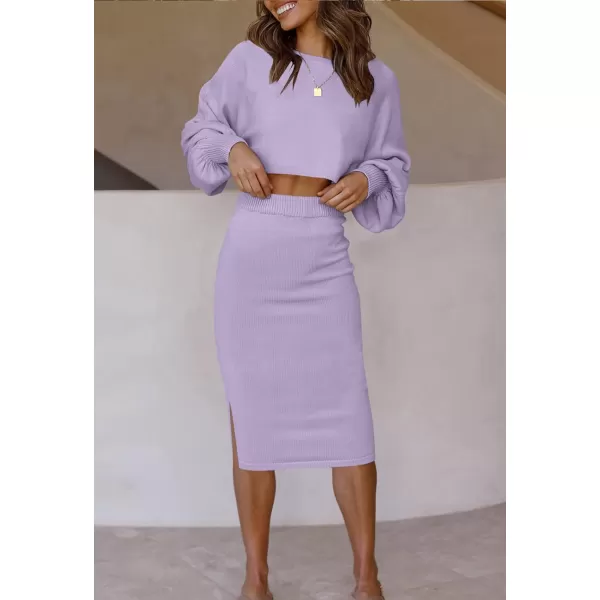 imageZESICA Womens Casual Two Piece Outfits Long Sleeve Ribbed Knit Top and Bodycon Midi Skirt Oversized Pullover Sweater SetsPurple