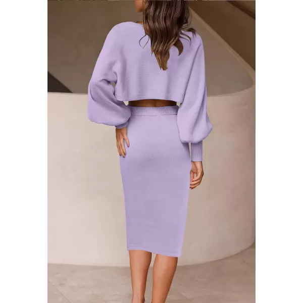 imageZESICA Womens Casual Two Piece Outfits Long Sleeve Ribbed Knit Top and Bodycon Midi Skirt Oversized Pullover Sweater SetsPurple