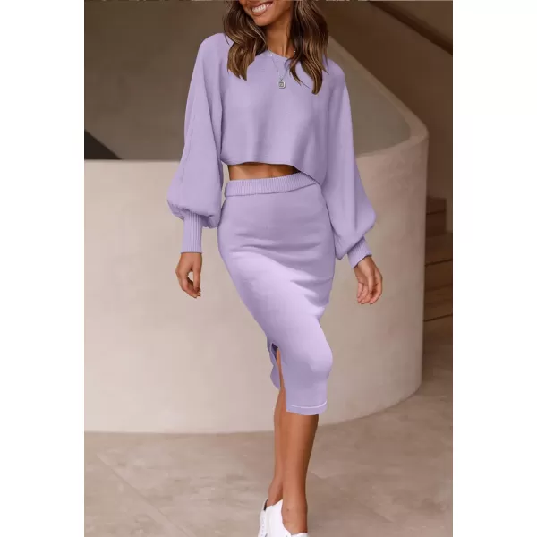 imageZESICA Womens Casual Two Piece Outfits Long Sleeve Ribbed Knit Top and Bodycon Midi Skirt Oversized Pullover Sweater SetsPurple
