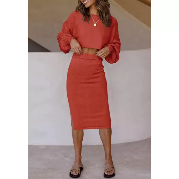imageZESICA Womens Casual Two Piece Outfits Long Sleeve Ribbed Knit Top and Bodycon Midi Skirt Oversized Pullover Sweater SetsRust