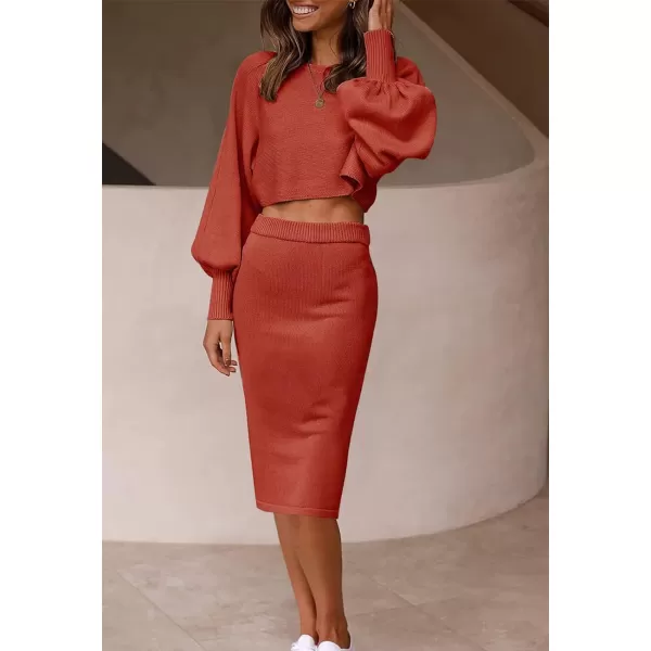 imageZESICA Womens Casual Two Piece Outfits Long Sleeve Ribbed Knit Top and Bodycon Midi Skirt Oversized Pullover Sweater SetsRust
