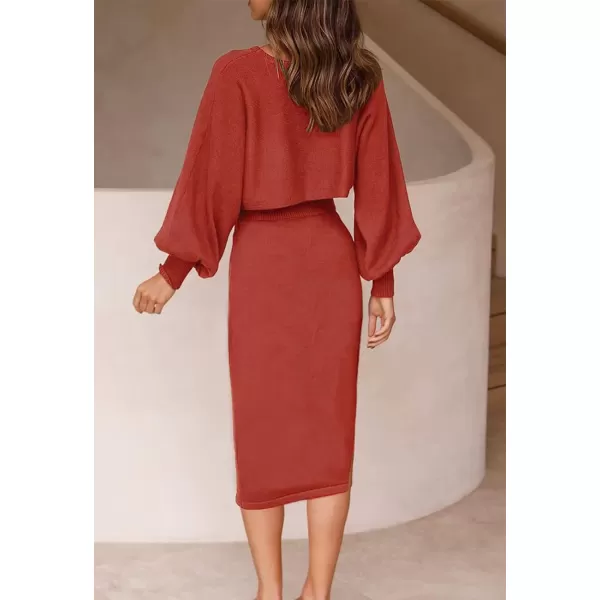 imageZESICA Womens Casual Two Piece Outfits Long Sleeve Ribbed Knit Top and Bodycon Midi Skirt Oversized Pullover Sweater SetsRust