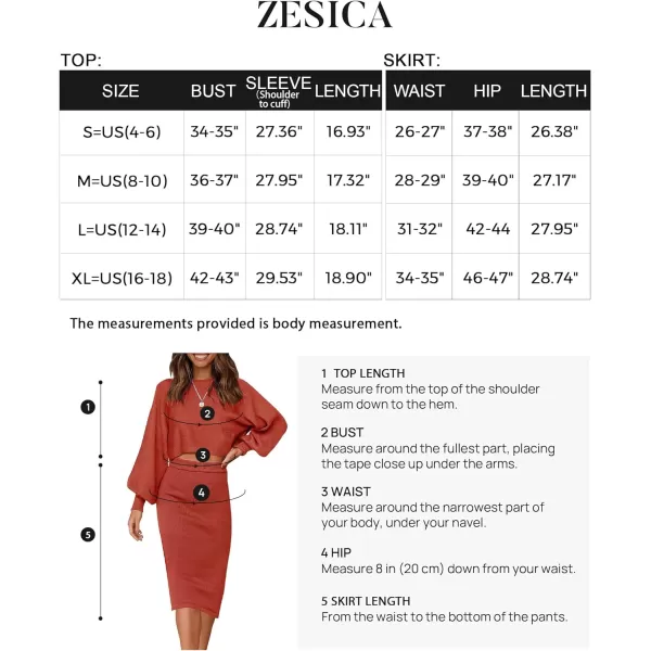 imageZESICA Womens Casual Two Piece Outfits Long Sleeve Ribbed Knit Top and Bodycon Midi Skirt Oversized Pullover Sweater SetsRust