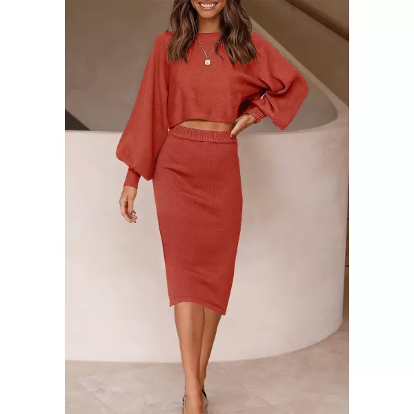 imageZESICA Womens Casual Two Piece Outfits Long Sleeve Ribbed Knit Top and Bodycon Midi Skirt Oversized Pullover Sweater SetsRust